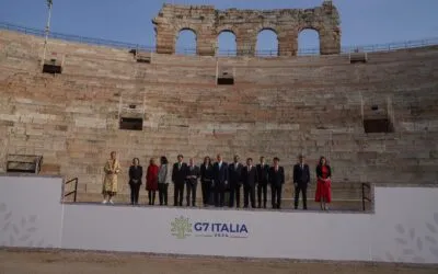 The first G7 ministerial meeting was held in Verona. Who attended, and what themes were discussed?